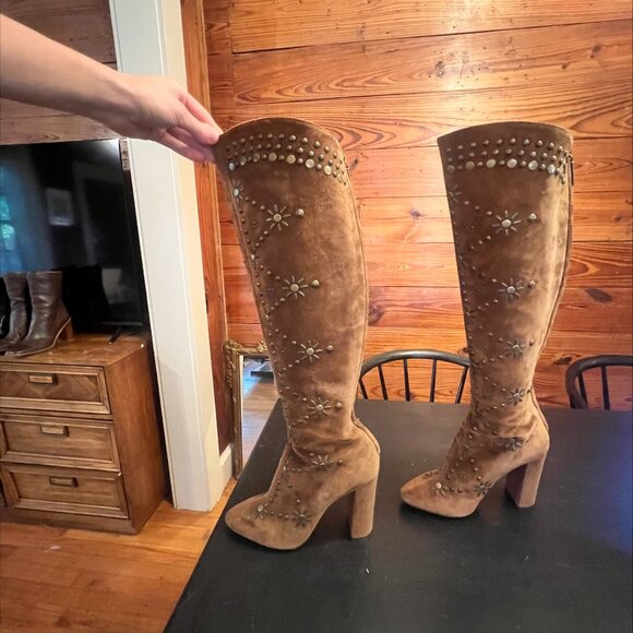 Saint Laurent Studded Brown Suede Knee Boots - Size 8 - Picture 2 of 4